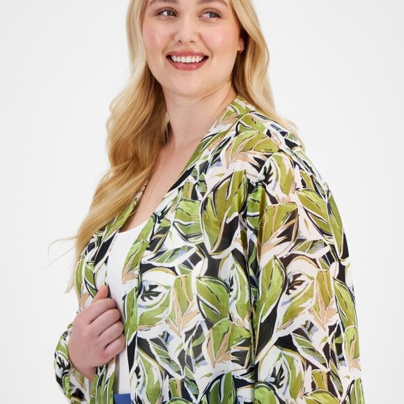 Anne Klein Plus Size Printed Open-Front Duster Jacket - Black/Bay Leaf 1X NWT - Picture 3 of 4